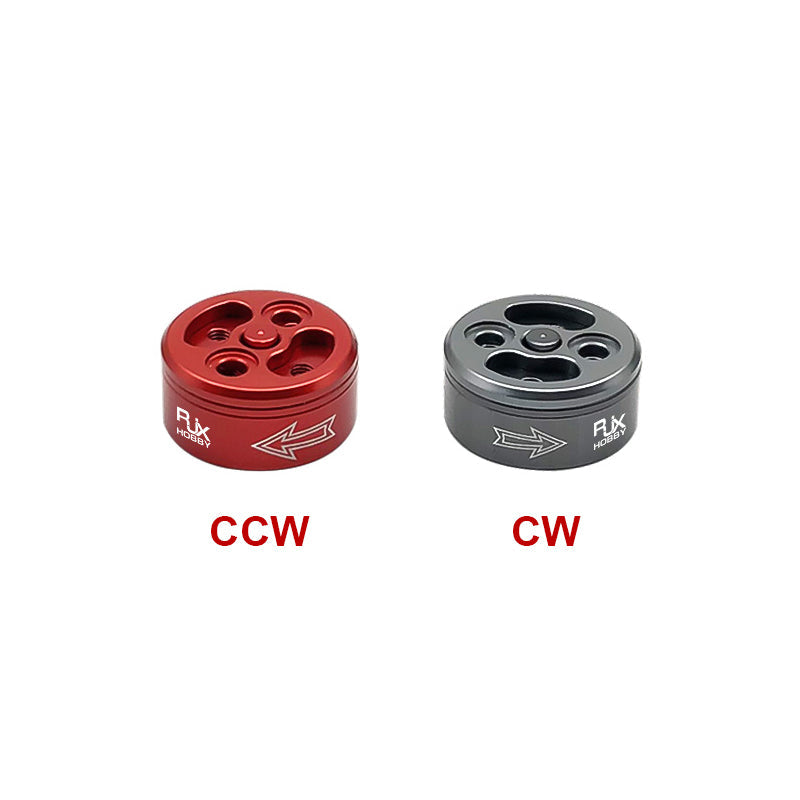 RJX Hobby quick release self-tightening prop adapters in CCW (red) and CW (gray) for multirotor motors