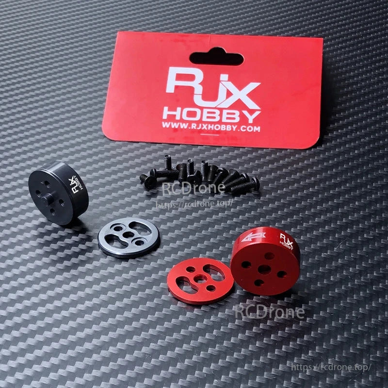 RJX Hobby quick release prop adapter set with red and black aluminum hubs, adapter plates, and mounting screws