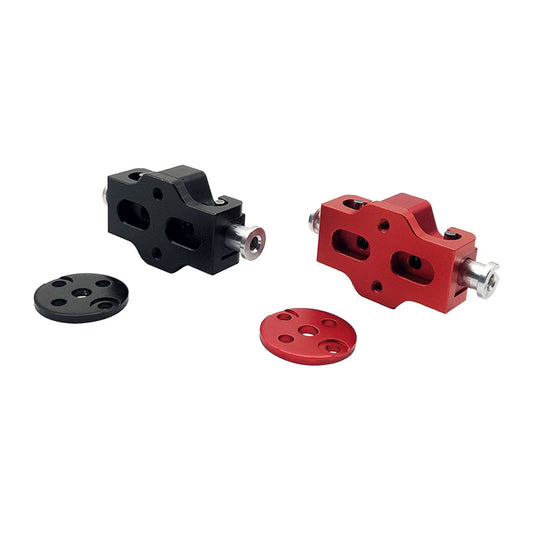 Red and black aluminum RC UAV propeller clamp quick-release mounts with matching round clamp plates