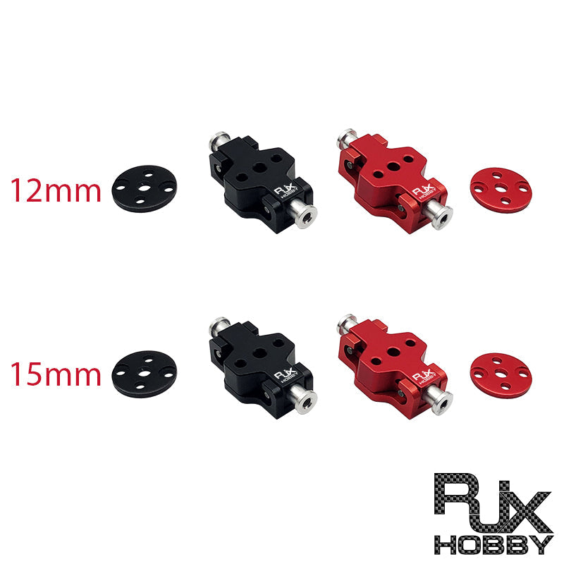 RJX Hobby aluminum propeller clamp quick-release mount set in red and black, with 12mm and 15mm plates