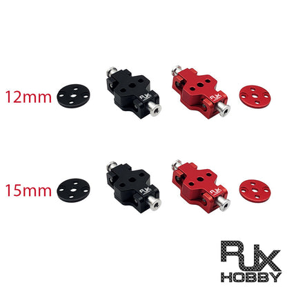 RJX Hobby aluminum propeller clamp quick-release mount set in red and black, with 12mm and 15mm plates