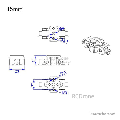 Technical drawing of RJX 15mm aluminum propeller clamp mount with 23mm width and M3/Ø3.1 holes