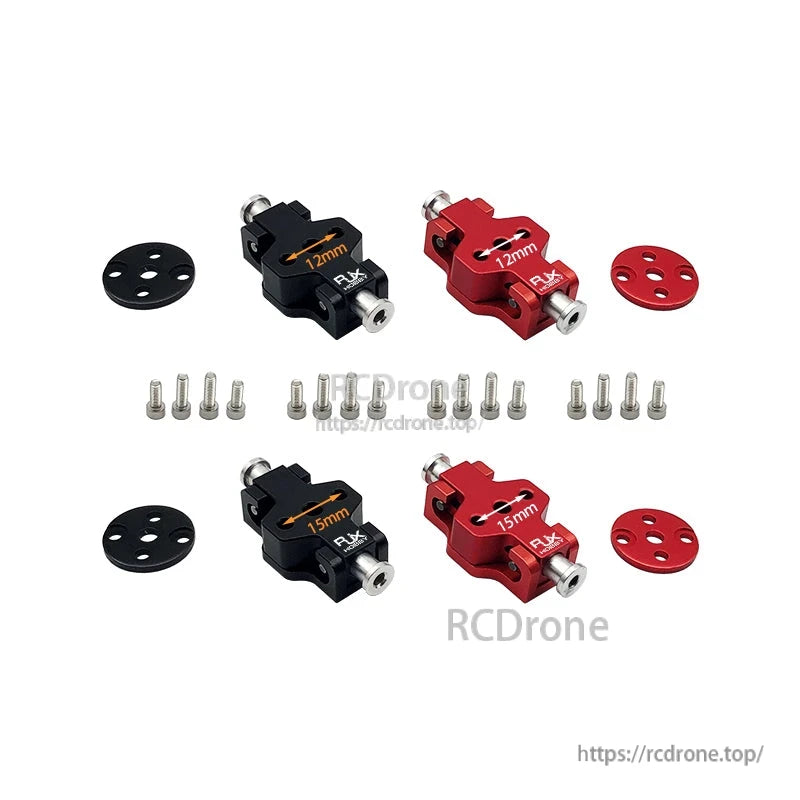 RJX aluminum propeller clamp mounts in 12mm and 15mm sizes, red and black, with plates and mounting screws