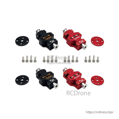 RJX aluminum propeller clamp mounts in 12mm and 15mm sizes, red and black, with plates and mounting screws