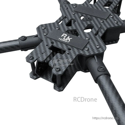 RJX 13-inch carbon fiber FPV racing drone frame kit with stacked plates, standoffs, and round arms