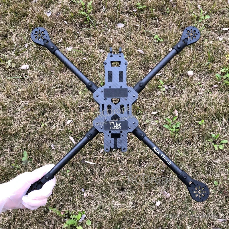 RJX 13-inch carbon fiber FPV racing drone frame kit with X layout, long arms, and RJX Hobby center plate