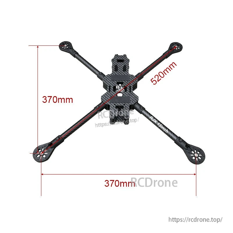 RJX 13-inch carbon fiber FPV drone frame top view with X arms, 370mm width and 520mm diagonal