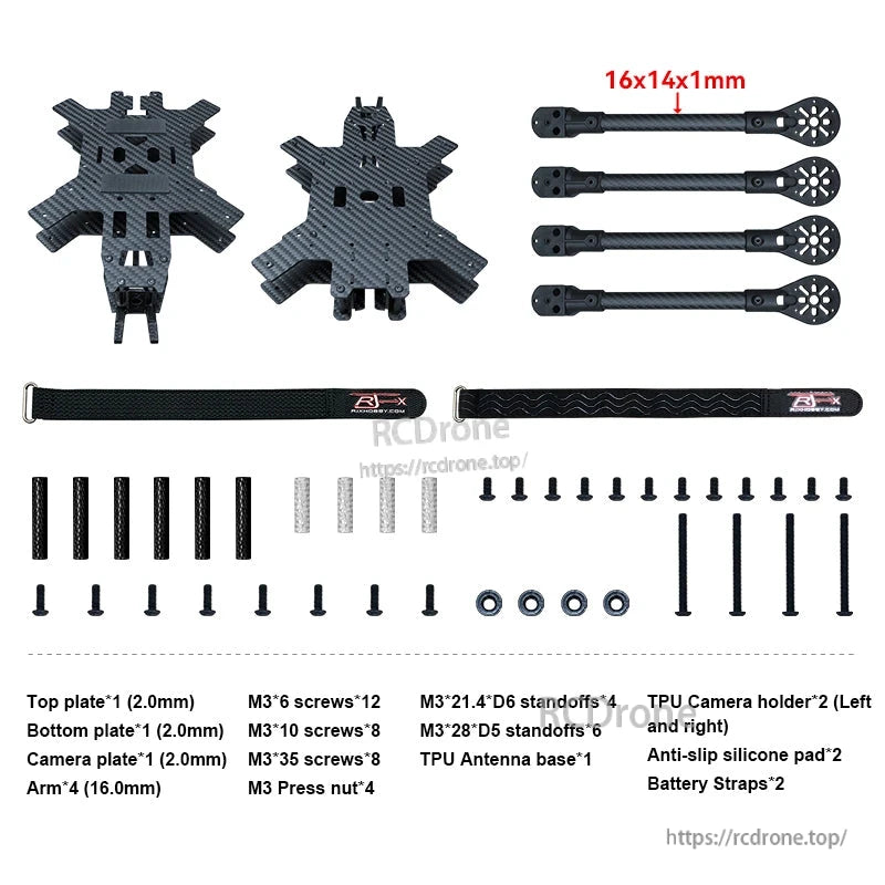 RJX 15-inch carbon fiber FPV drone frame kit parts with 4 arms, 2mm plates, standoffs, screws and straps
