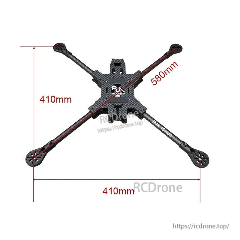 RJX 15-inch carbon fiber FPV drone X-frame with four arms, labeled 410mm width and 580mm diagonal