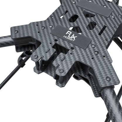 RJX 15-inch carbon fiber FPV drone frame kit close-up with RJX HOBBY top plate and mounting holes