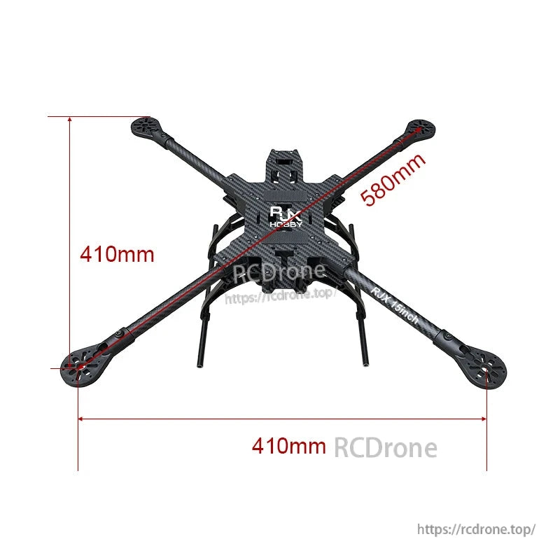 RJX 15-inch carbon fiber FPV drone frame with landing gear, X layout arms, 580mm span and 410mm width