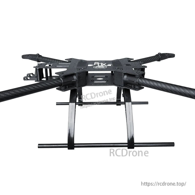 Carbon fiber quadcopter drone frame with four tubular arms and tall landing gear skids, RJX Hobby top plate