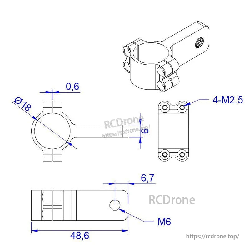 Technical drawing of RJX 18mm clamp mount with Ø18 ring, 4×M2.5 holes, and M6 threaded end