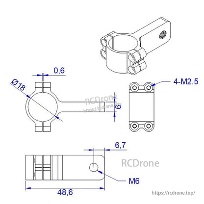Technical drawing of RJX 18mm clamp mount with Ø18 ring, 4×M2.5 holes, and M6 threaded end