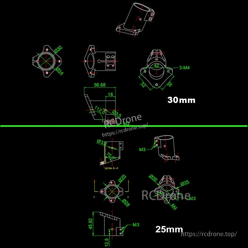 RJX 1PC D16/D20/D25/D30mm Tripod Fixed Mount, Technical drawing of RJX tripod fixed mount for 25mm and 30mm tubes with flange dimensions and M3/M4 holes