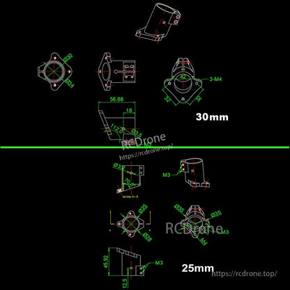 RJX 1PC D16/D20/D25/D30mm Tripod Fixed Mount, Technical drawing of RJX tripod fixed mount for 25mm and 30mm tubes with flange dimensions and M3/M4 holes