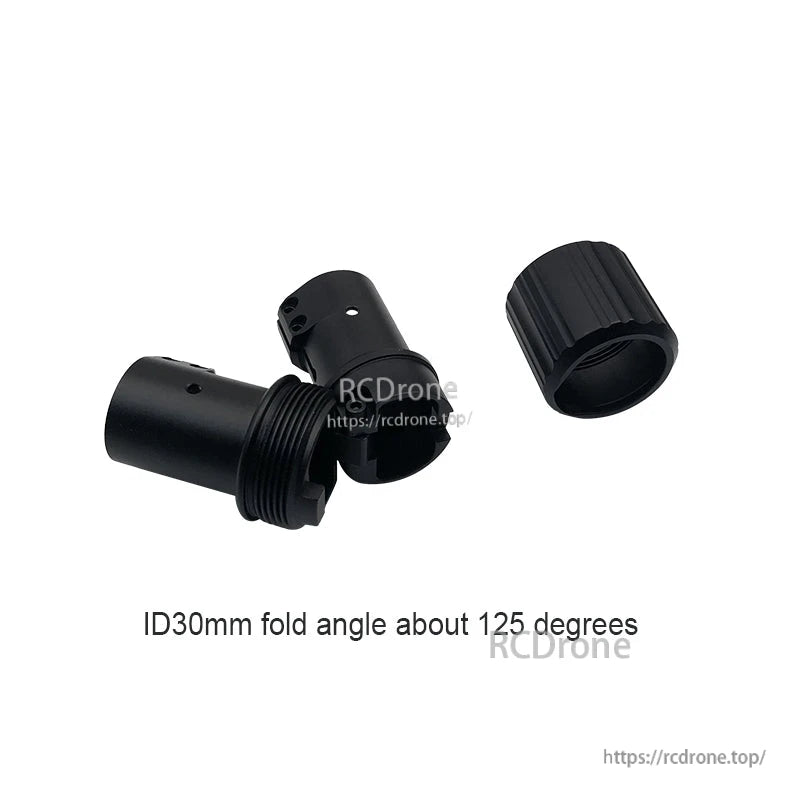 RJX 1PCS Folding Arm Carbon Tube Connector, RJX folding arm carbon tube connector set with ID30mm size showing separate threaded parts and 125-degree fold angle