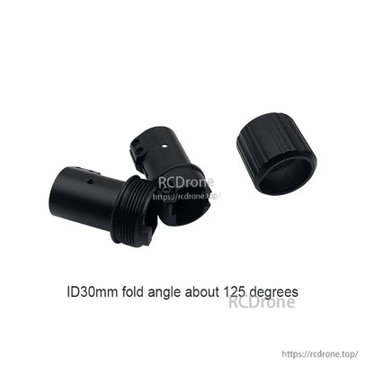 RJX 1PCS Folding Arm Carbon Tube Connector, RJX folding arm carbon tube connector set with ID30mm size showing separate threaded parts and 125-degree fold angle