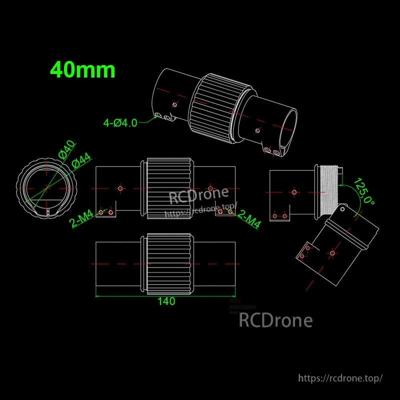 RJX 1PCS Folding Arm Carbon Tube Connector, Technical drawing of RJX folding arm carbon tube connector for 40mm tube, with 125° fold angle and mounting holes