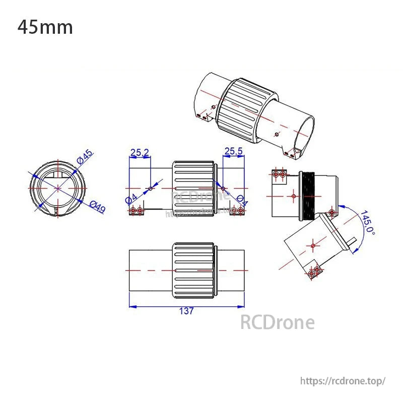 RJX 1PCS Folding Arm Carbon Tube Connector, Technical drawing of a 45mm folding arm carbon tube connector with detailed dimensional measurements