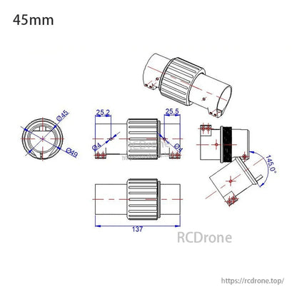 RJX 1PCS Folding Arm Carbon Tube Connector, Technical drawing of a 45mm folding arm carbon tube connector with detailed dimensional measurements