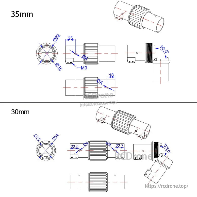 RJX 1PCS Folding Arm Carbon Tube Connector, RJX folding arm carbon tube connector with technical dimensions for 30mm and 35mm drone arms