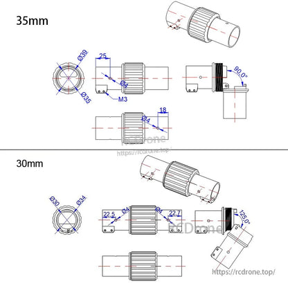 RJX 1PCS Folding Arm Carbon Tube Connector, RJX folding arm carbon tube connector with technical dimensions for 30mm and 35mm drone arms