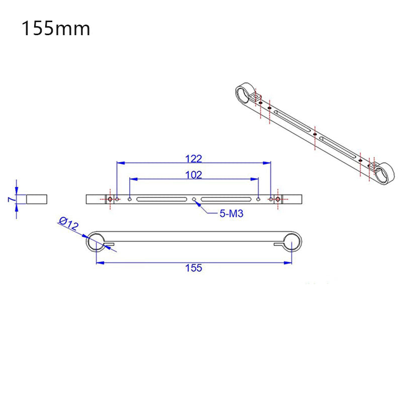 RJX 1pc 12mm UAV DJI Gimbal Mount, Technical drawing of RJX UAV DJI gimbal mount bar, 155mm long with Ø12 end holes and M3 slots