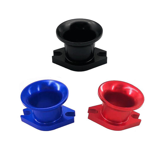 CNC aluminum air horn intake velocity stack with two-bolt mounting flange, shown in black, blue and red