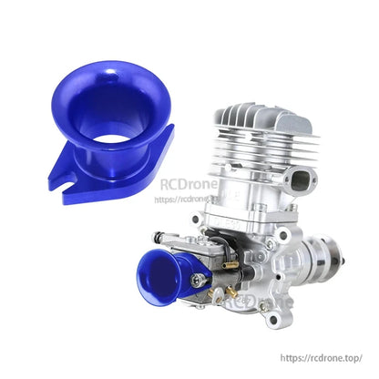 Blue CNC aluminum air horn inlet velocity stack with square base, shown installed on a small gas engine carburetor