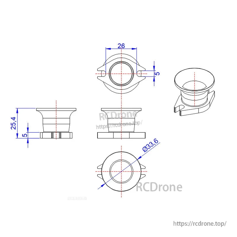 Technical drawing of RJX CNC aluminum air horn intake velocity stack with 33.6 mm OD, 25.4 mm height and 26 mm top width.