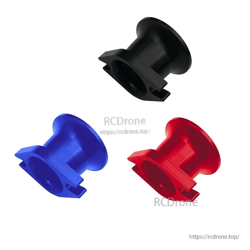 CNC aluminum air horn intake velocity stack with flared inlet and mounting tabs, shown in black, blue, and red