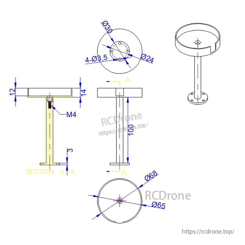 RJX 1pc GPS Bracket Holder Mount, Technical drawing of RJX GPS bracket holder mount with M4 center mount, 100 mm post, Ø68 top ring and 4x Ø3.5 holes