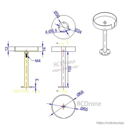 RJX 1pc GPS Bracket Holder Mount, Technical drawing of RJX GPS bracket holder mount with M4 center mount, 100 mm post, Ø68 top ring and 4x Ø3.5 holes