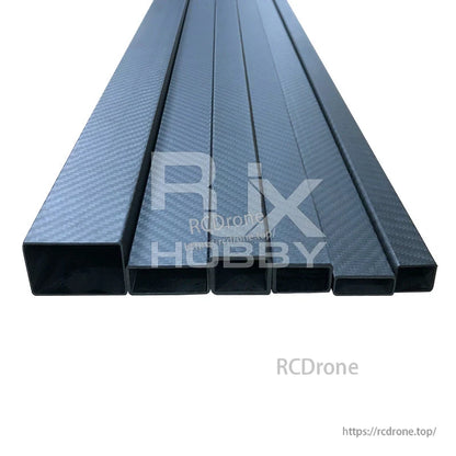 RJX 1pc Rectangular Carbon Fiber Pipe Tube, Rectangular carbon fiber tube beams with woven finish, multiple sizes lined up on a white background