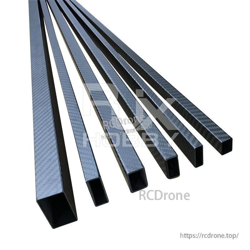 RJX 1pc Rectangular Carbon Fiber Pipe Tube, Rectangular carbon fiber tube with hollow square profile and woven finish, shown in multiple lengths