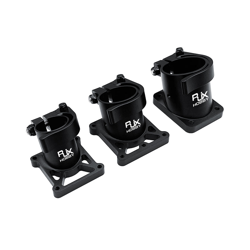 RJX Hobby aluminum landing gear clamp mount with square base plate and bolt clamp, shown in three sizes
