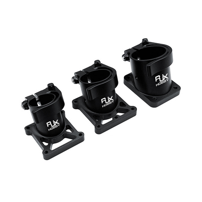 RJX Hobby aluminum landing gear clamp mount with square base plate and bolt clamp, shown in three sizes