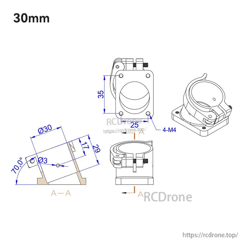 30mm quick release clamp mount with base plate, 70° tilt, and four M4 mounting holes (dimension drawing)