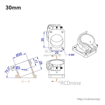 30mm quick release clamp mount with base plate, 70° tilt, and four M4 mounting holes (dimension drawing)