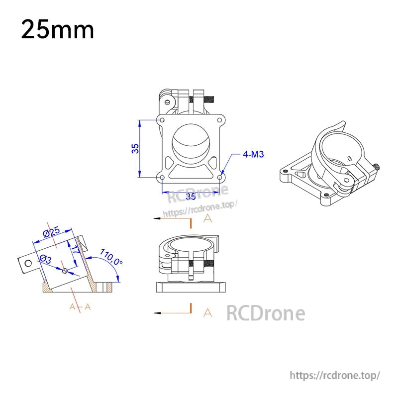 25mm quick-release aluminum tripod fixed seat clamp with 4-M3 mounting holes and 110° tilt bracket