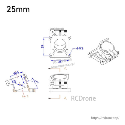 25mm quick-release aluminum tripod fixed seat clamp with 4-M3 mounting holes and 110° tilt bracket