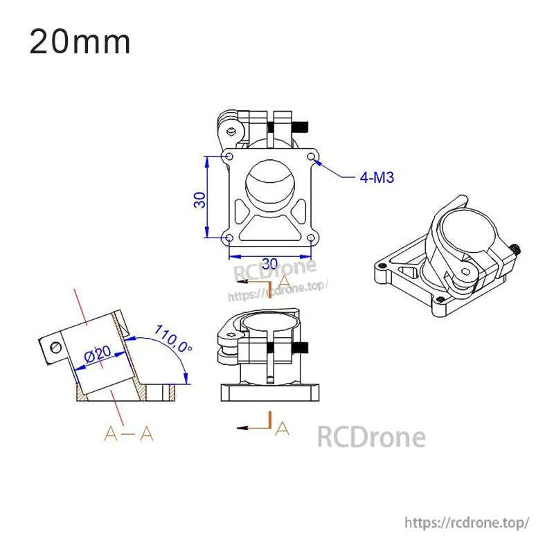 20mm quick-release tripod fixed seat clamp with 30x30mm base, 4x M3 mounting holes and 110° tilt angle