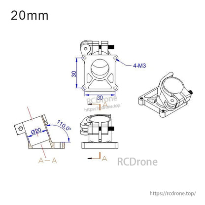 20mm quick-release tripod fixed seat clamp with 30x30mm base, 4x M3 mounting holes and 110° tilt angle
