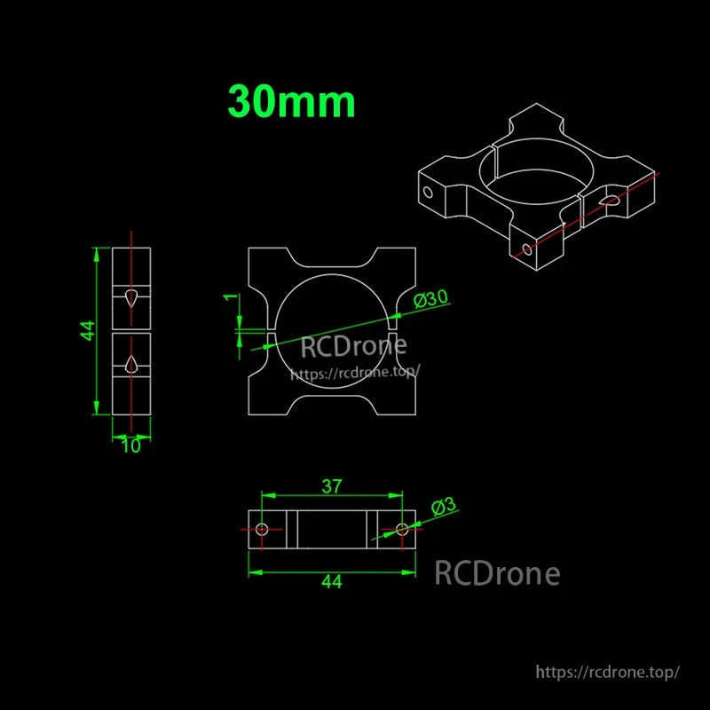 RJX 1pcs 25/30mm Aluminum Pipe Clamp, Technical drawing of RJX 30mm aluminum pipe clamp with Ø30 bore, 44mm width, and Ø3 mounting holes