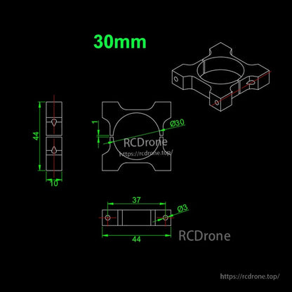 RJX 1pcs 25/30mm Aluminum Pipe Clamp, Technical drawing of RJX 30mm aluminum pipe clamp with Ø30 bore, 44mm width, and Ø3 mounting holes