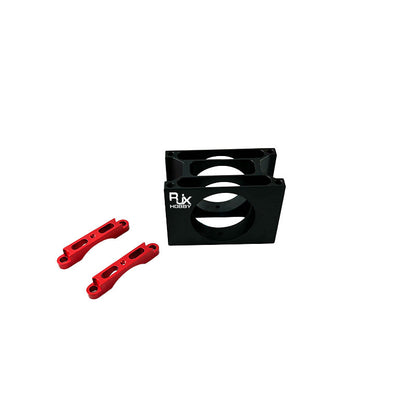 RJX Hobby aluminum connecting pipe clamp block with circular tube cutout and two red clamp brackets