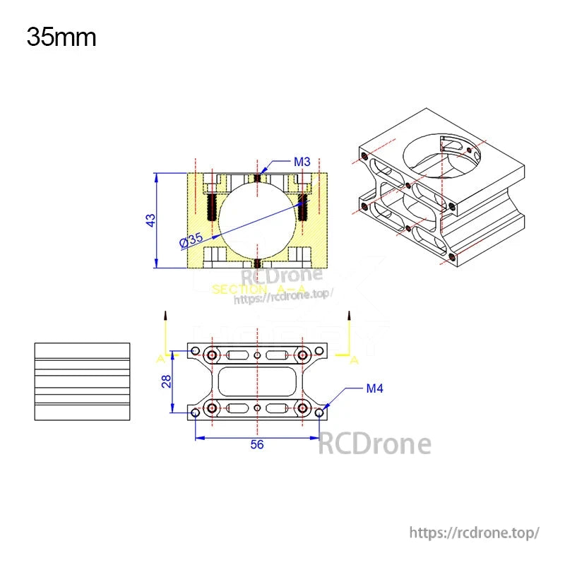 Technical drawing of 35mm aluminum tube clamp connector, Ø35 bore with M3 and M4 mounting holes