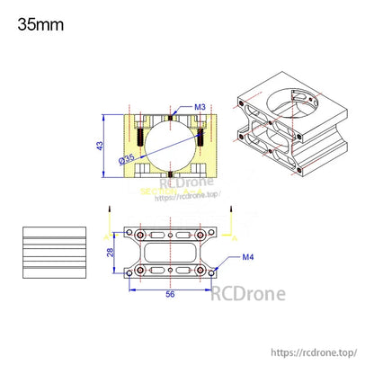 Technical drawing of 35mm aluminum tube clamp connector, Ø35 bore with M3 and M4 mounting holes