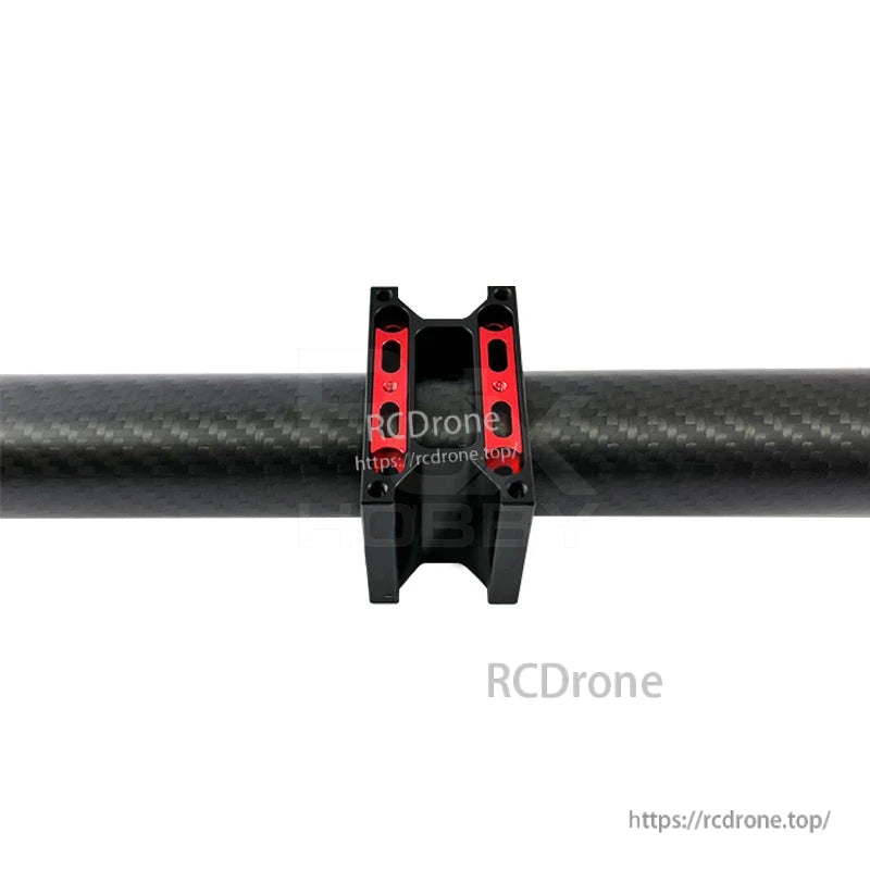 Aluminum alloy connecting pipe clip clamp fastener mounted on a carbon fiber tube, black with red inserts
